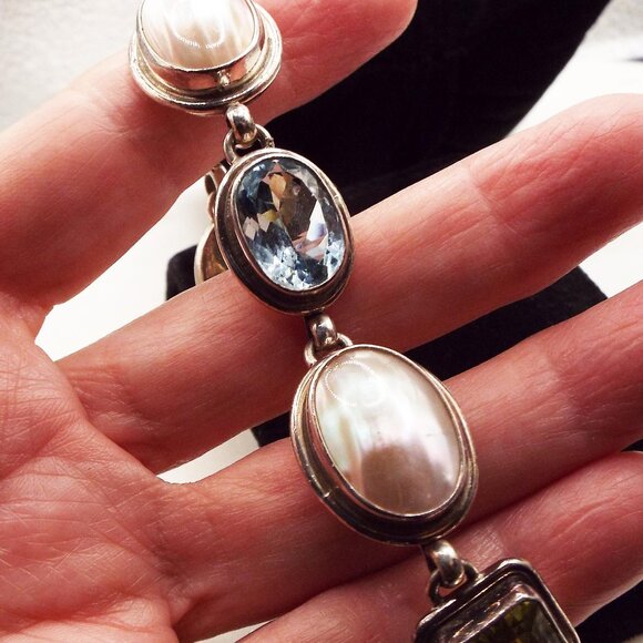 MASSIVE CITRINE & BLUE TOPAZ GEMS & MOBE PEARLS BEZEL SET STERLING BRACELET 30 - Picture 3 of 6